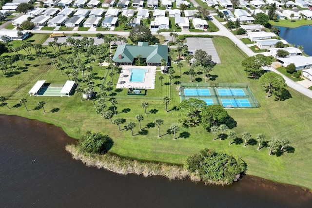 drone / aerial view with a water view