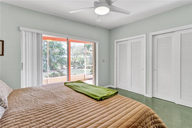 bedroom featuring ceiling fan, access to outside, and multiple closets