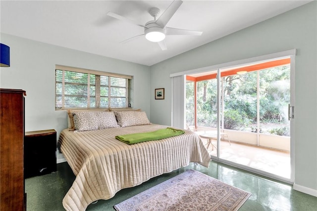 bedroom with ceiling fan and access to outside