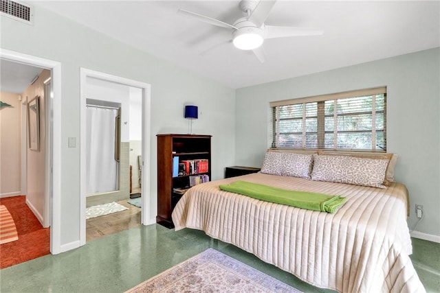 bedroom featuring parquet floors and ceiling fan