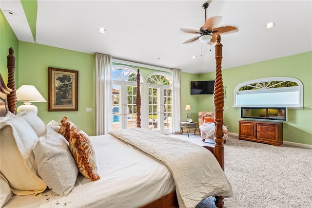 carpeted bedroom with ceiling fan, access to exterior, and french doors