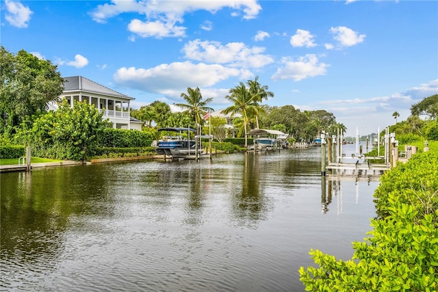 water view featuring a dock