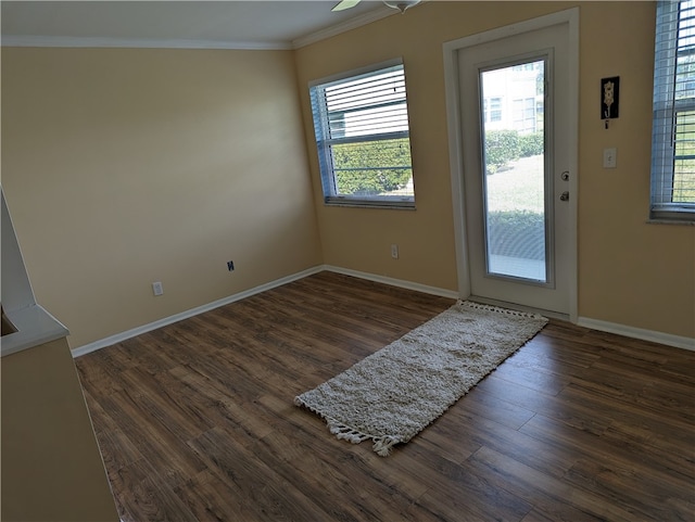 doorway to outside with crown molding and dark wood-type flooring