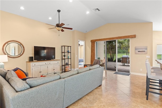 living room with lofted ceiling, recessed lighting, a ceiling fan, baseboards, and visible vents