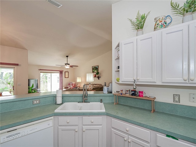 kitchen featuring white cabinets, sink, dishwasher, and ceiling fan