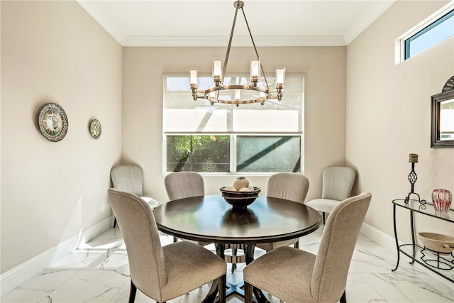 dining room with crown molding and an inviting chandelier