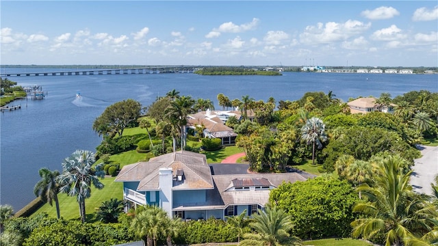 drone / aerial view featuring a water view