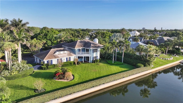 aerial view featuring a water view