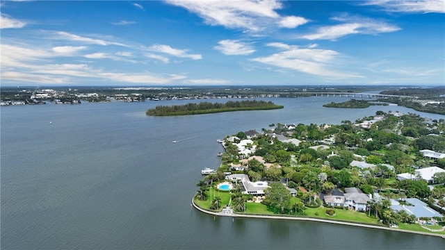 drone / aerial view with a water view