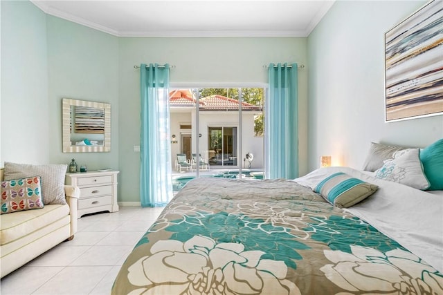 919 Island Club Sq, Vero Beach, FL 32963 - bedroom with light tile patterned floors, baseboards, access to outside, and crown molding