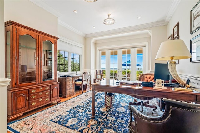 office space with crown molding, wood-type flooring, and french doors