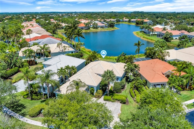 bird's eye view with a water view