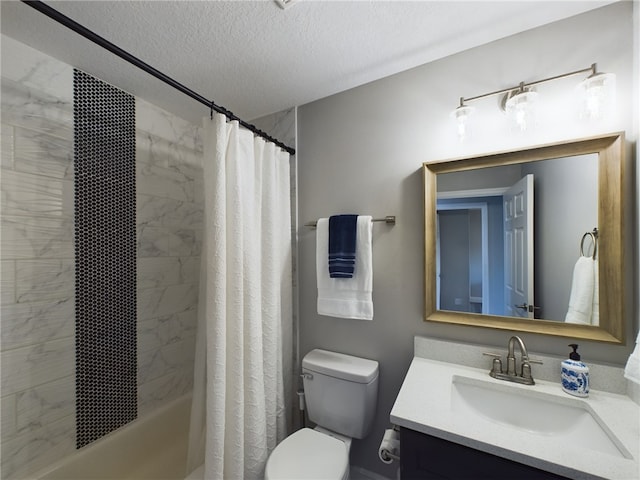 full bathroom with vanity, toilet, a textured ceiling, and shower / bath combination with curtain