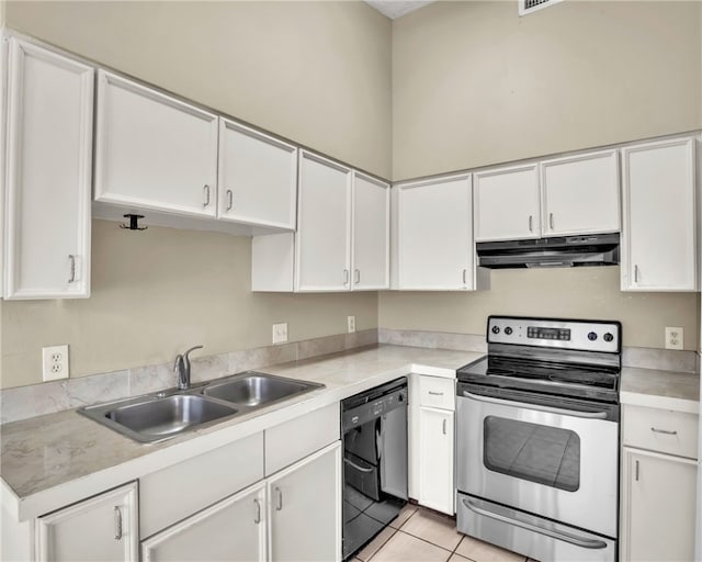 kitchen with white cabinetry, stainless steel electric range oven, sink, black dishwasher, and light tile patterned floors