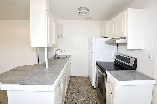 kitchen with white cabinetry, sink, and stainless steel range with electric stovetop