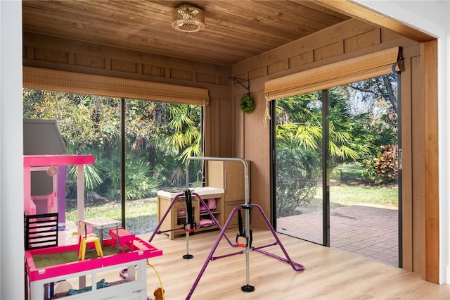 playroom featuring hardwood / wood-style flooring, wooden ceiling, and wooden walls