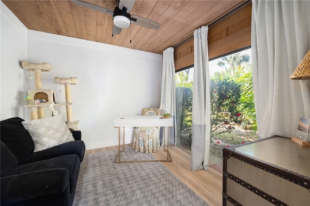 interior space featuring ceiling fan, light hardwood / wood-style floors, and wooden ceiling