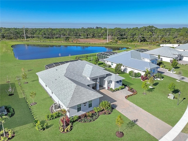 birds eye view of property featuring a water view