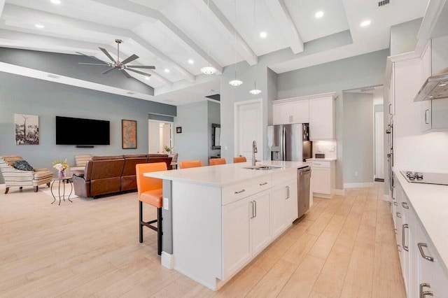 kitchen featuring sink, a center island with sink, white cabinets, and appliances with stainless steel finishes