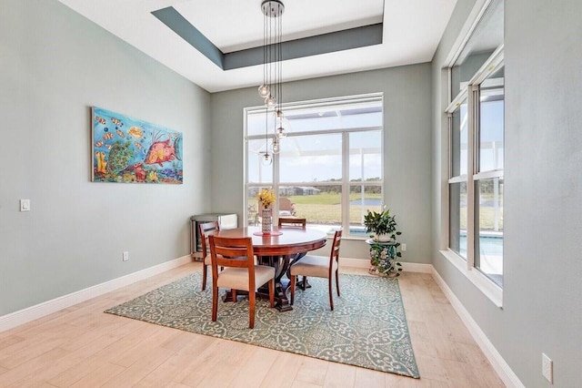 dining space with light hardwood / wood-style flooring and a raised ceiling