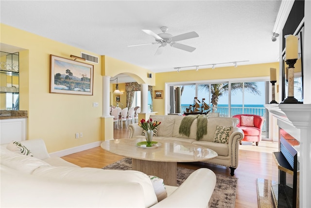 living room with a water view, wood-type flooring, ceiling fan, and rail lighting