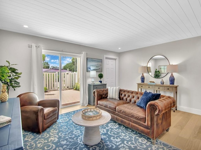 living room featuring wooden ceiling and light wood-type flooring