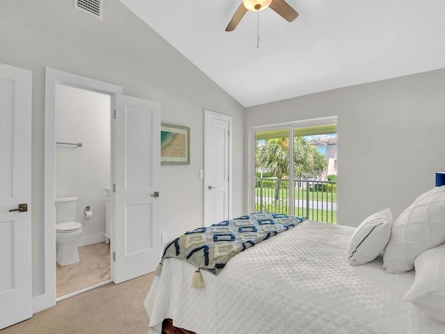 carpeted bedroom featuring access to outside, ceiling fan, vaulted ceiling, and connected bathroom