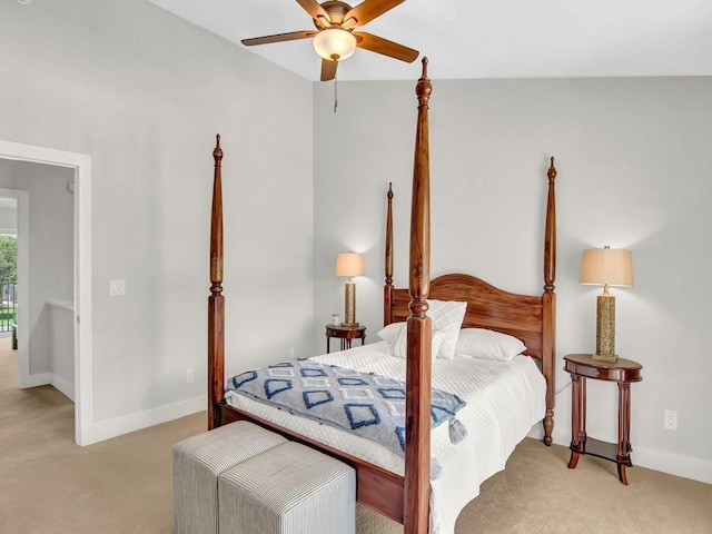 bedroom with light colored carpet and ceiling fan