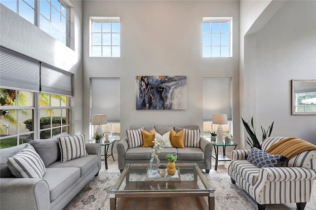 living room with a towering ceiling and a healthy amount of sunlight