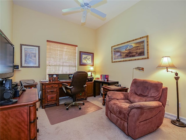 office area featuring ceiling fan and light colored carpet