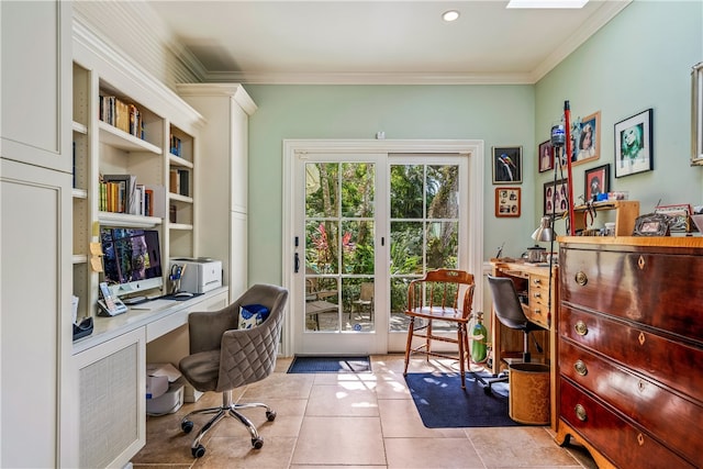 office area with crown molding and light tile patterned floors