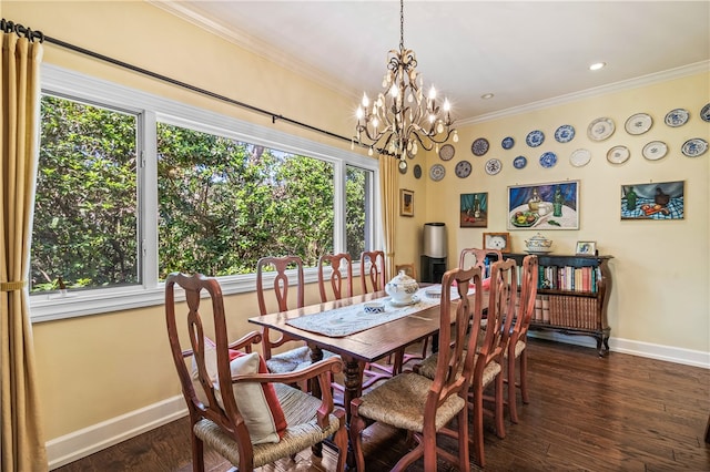 dining area featuring dark hardwood / wood-style floors, a healthy amount of sunlight, and ornamental molding