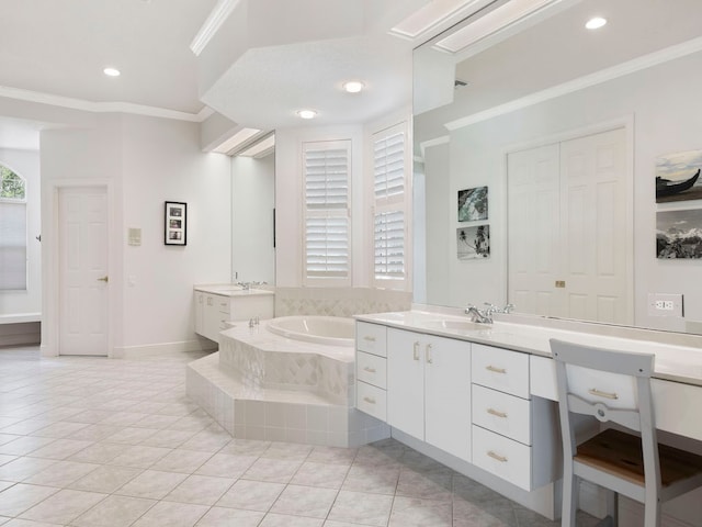 bathroom featuring a relaxing tiled tub, tile patterned flooring, vanity, and ornamental molding