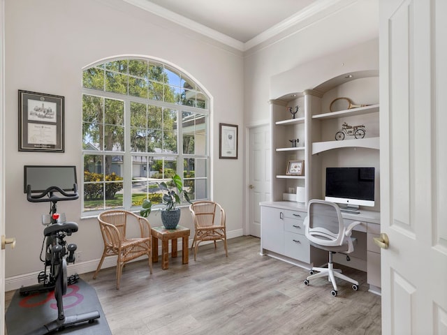 home office featuring a healthy amount of sunlight, light wood-type flooring, and crown molding