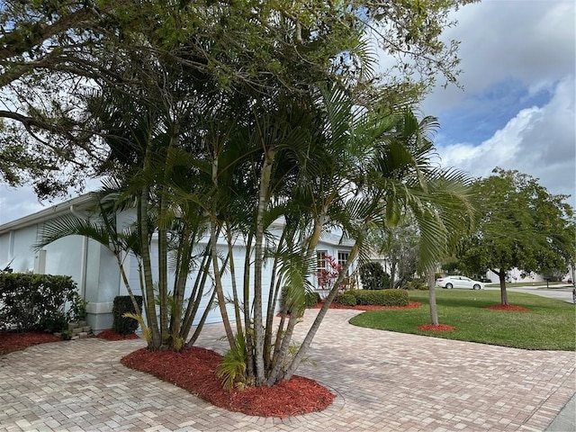 view of side of home with a lawn and stucco siding