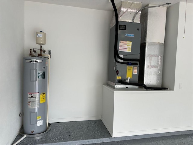 utility room featuring water heater and heating unit