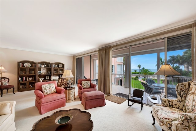 carpeted living room with crown molding