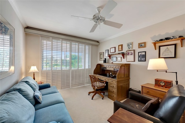 office area featuring ornamental molding, carpet floors, and ceiling fan