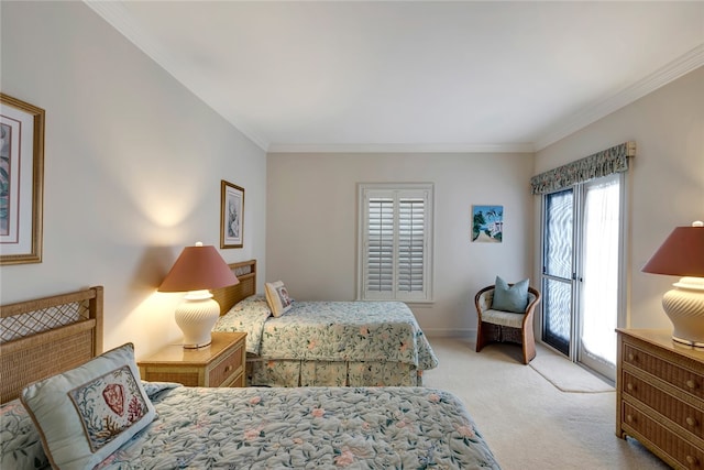 bedroom with light carpet and crown molding