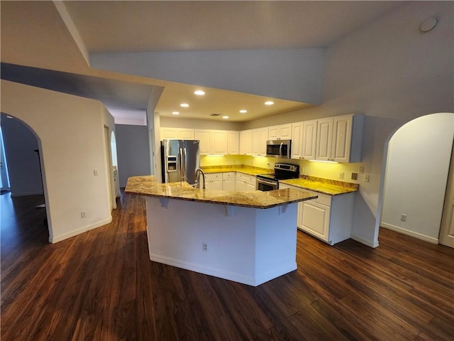 3865 8th Pl, Vero Beach, FL 32960 - kitchen featuring appliances with stainless steel finishes, arched walkways, light stone countertops, dark wood finished floors, and recessed lighting