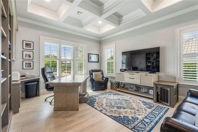 951 W Polo Grounds Dr, Vero Beach, FL 32966 - home office with healthy amount of natural light, beamed ceiling, coffered ceiling, ornamental molding, and light wood-type flooring