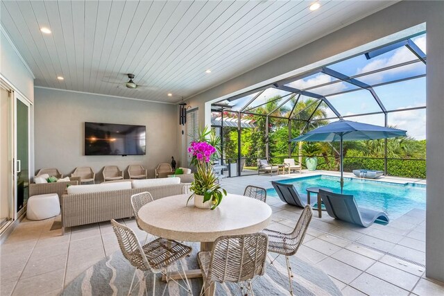 951 W Polo Grounds Dr, Vero Beach, FL 32966 - dining space with a sunroom, light tile patterned floors, recessed lighting, a ceiling fan, and wooden ceiling