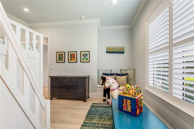 951 W Polo Grounds Dr, Vero Beach, FL 32966 - playroom with ornamental molding, light wood-style floors, and recessed lighting