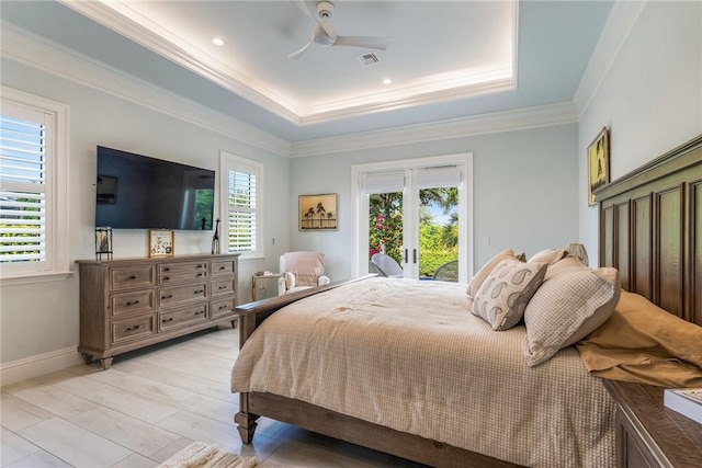 951 W Polo Grounds Dr, Vero Beach, FL 32966 - bedroom with access to outside, a tray ceiling, ceiling fan, and crown molding
