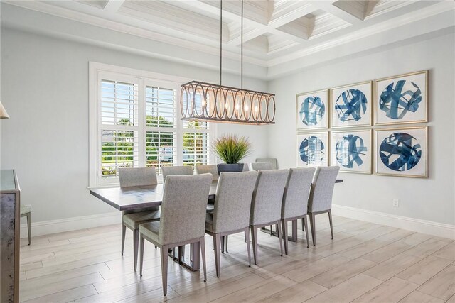 951 W Polo Grounds Dr, Vero Beach, FL 32966 - dining area with coffered ceiling, ornamental molding, beam ceiling, a chandelier, and light wood-style flooring