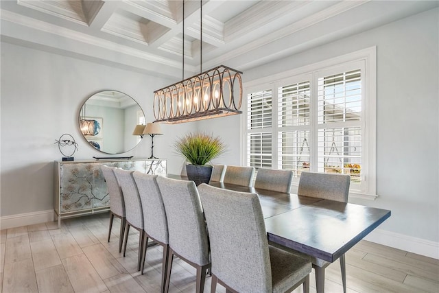 951 W Polo Grounds Dr, Vero Beach, FL 32966 - dining room with coffered ceiling, beam ceiling, ornamental molding, wood finished floors, and a chandelier