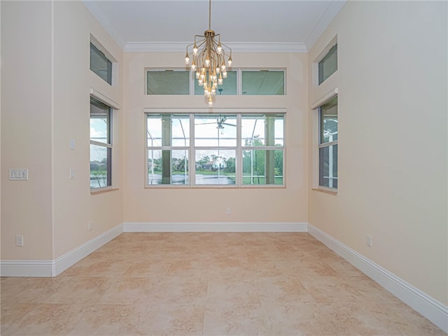 unfurnished room featuring ornamental molding, an inviting chandelier, and a healthy amount of sunlight