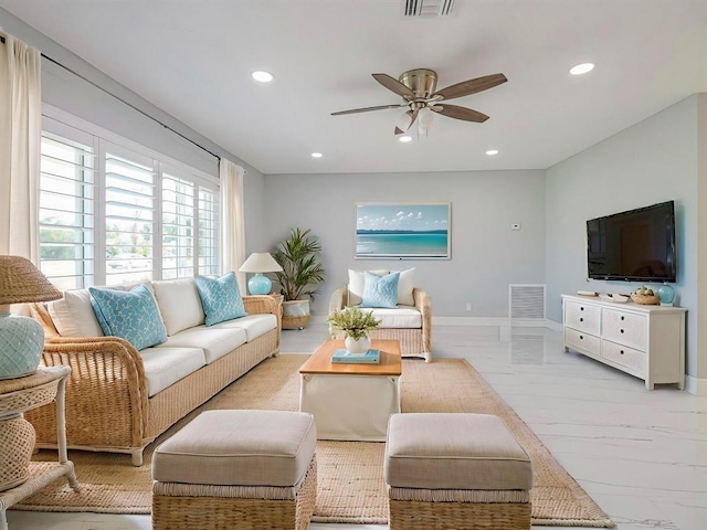 living room with ceiling fan