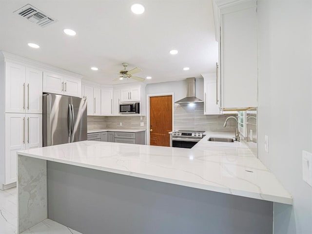 kitchen featuring sink, appliances with stainless steel finishes, white cabinetry, kitchen peninsula, and wall chimney exhaust hood