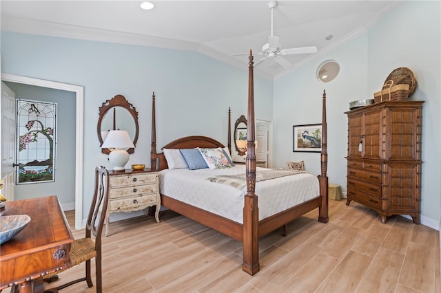 bedroom with ornamental molding, vaulted ceiling, light hardwood / wood-style floors, and ceiling fan